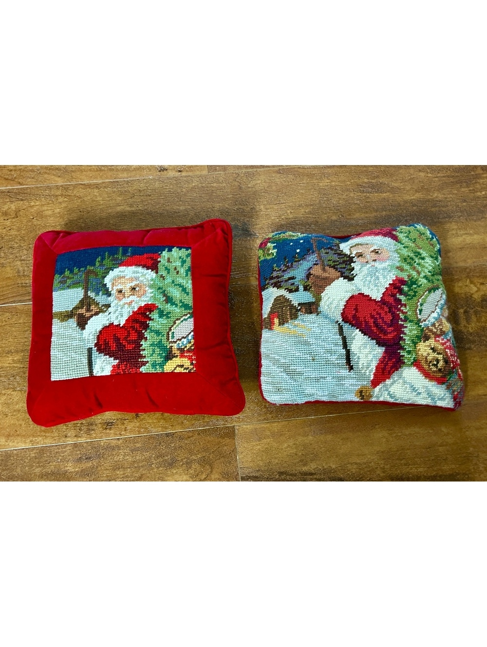 Pair of Vintage Santa Claus Needlepoint Christmas Throw Pillows